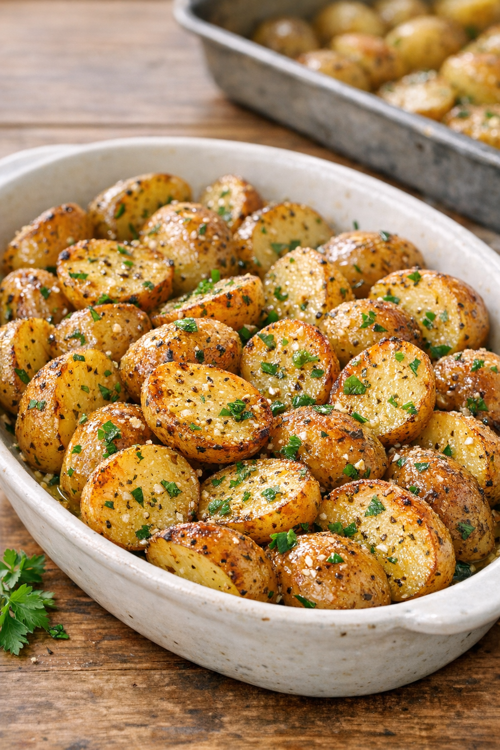 Finished Greek lemon potatoes plated in a rustic serving dish