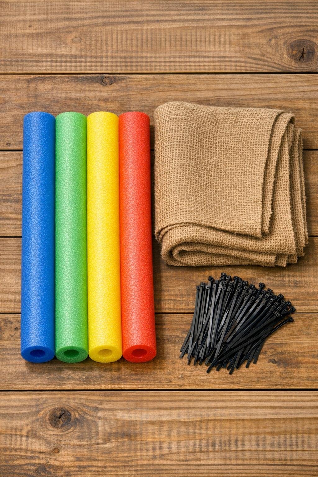 Pool noodles, burlap, and zip ties laid out for the project
