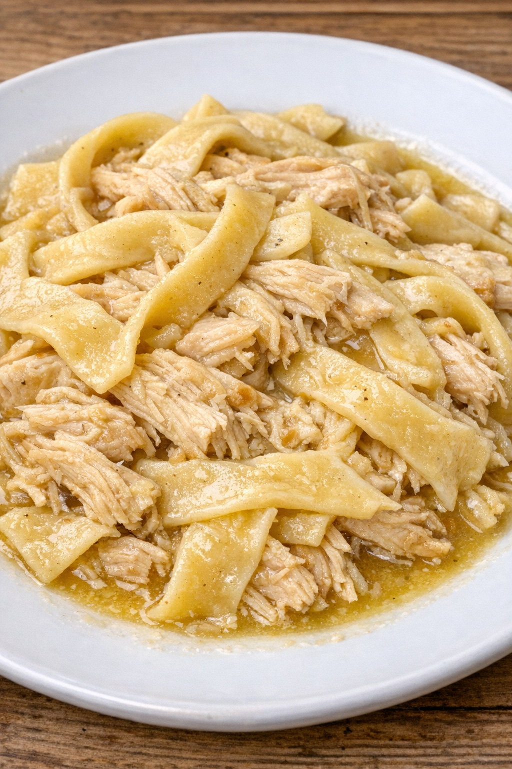 Slow cooker Amish chicken and noodles plated on a white ceramic plate