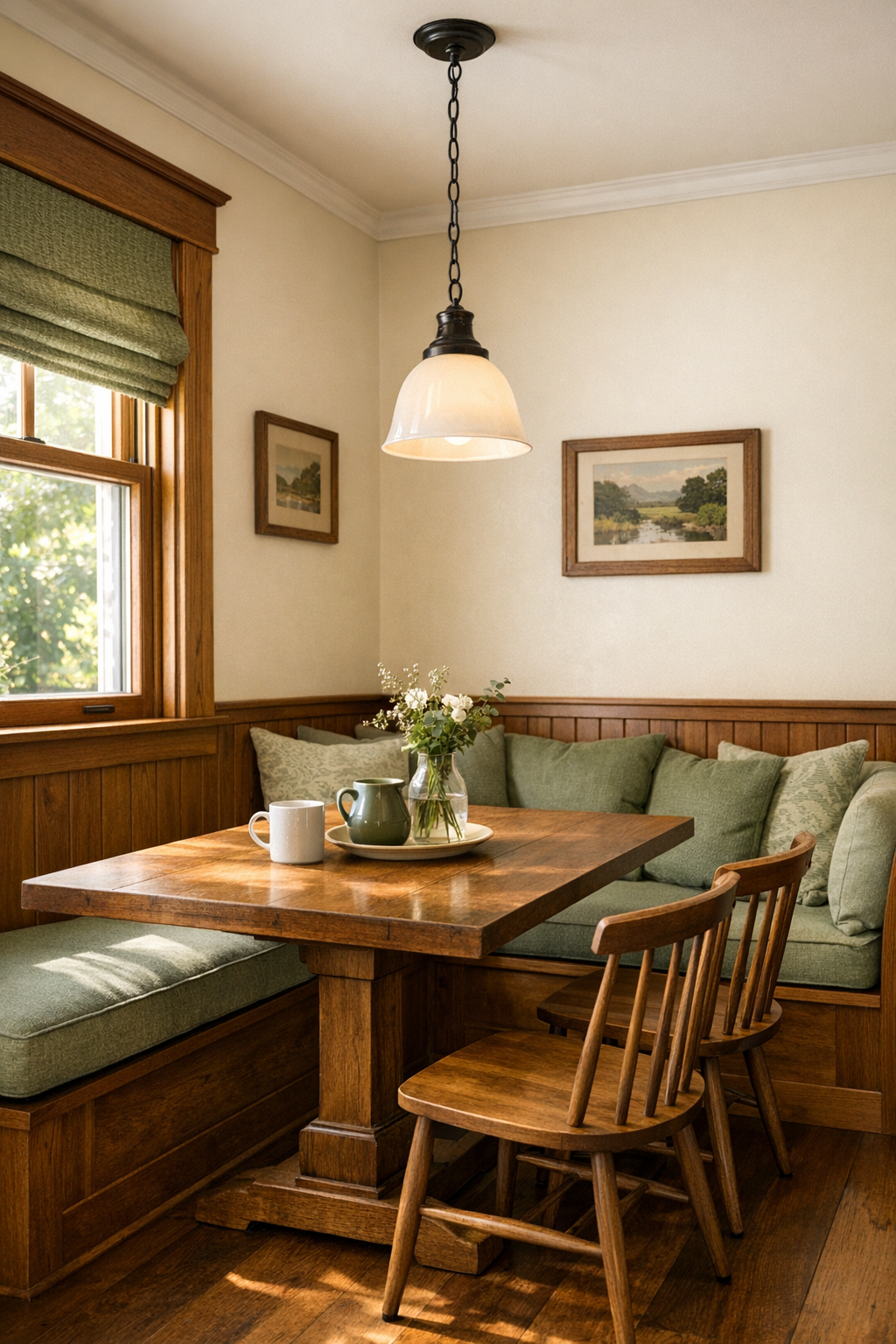 Small dining nook with built-in banquette, wood table, and Craftsman details by a bright window
