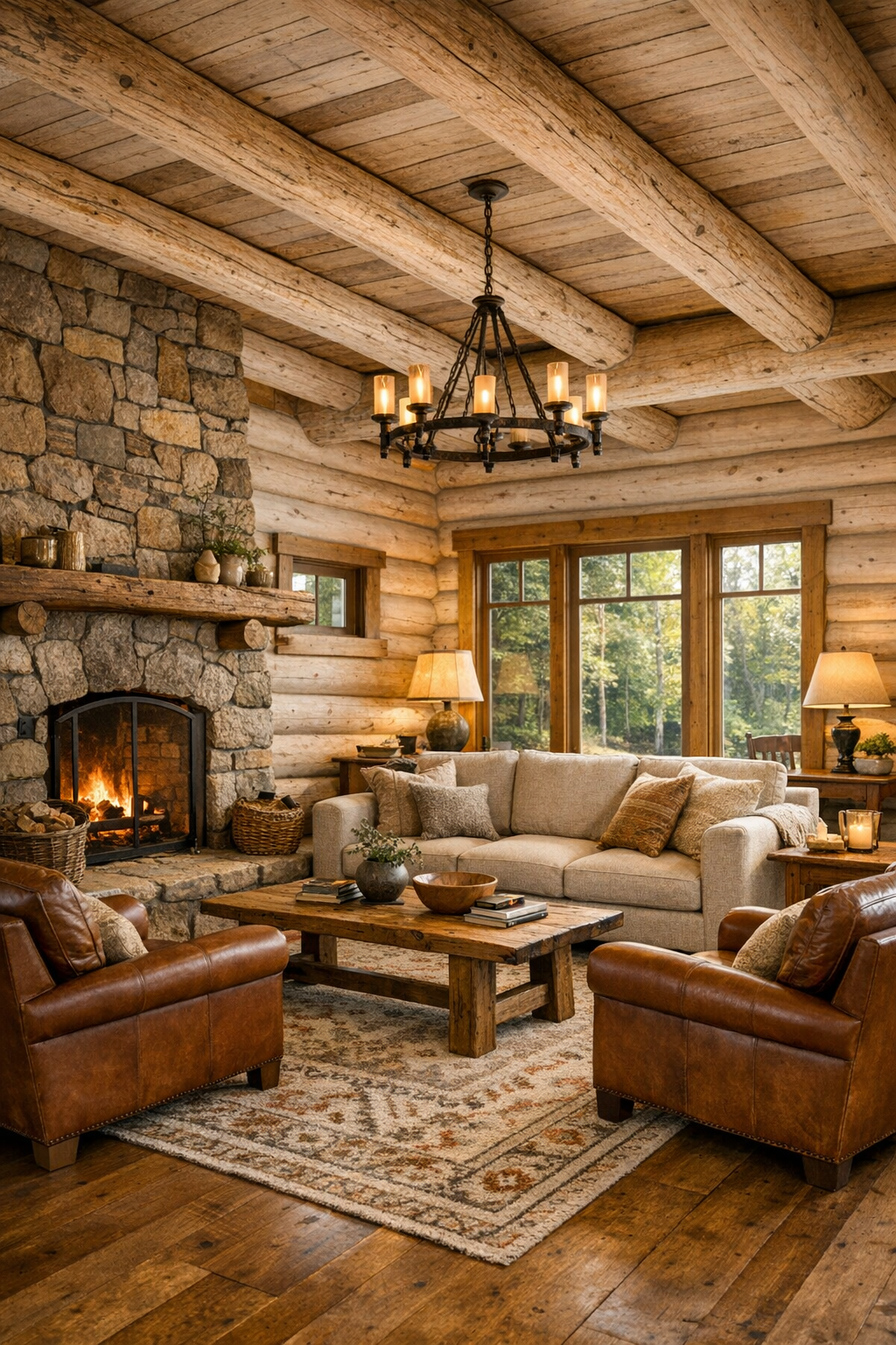 Bright rustic living room with white spruce log walls, exposed beams, and handcrafted wood furniture