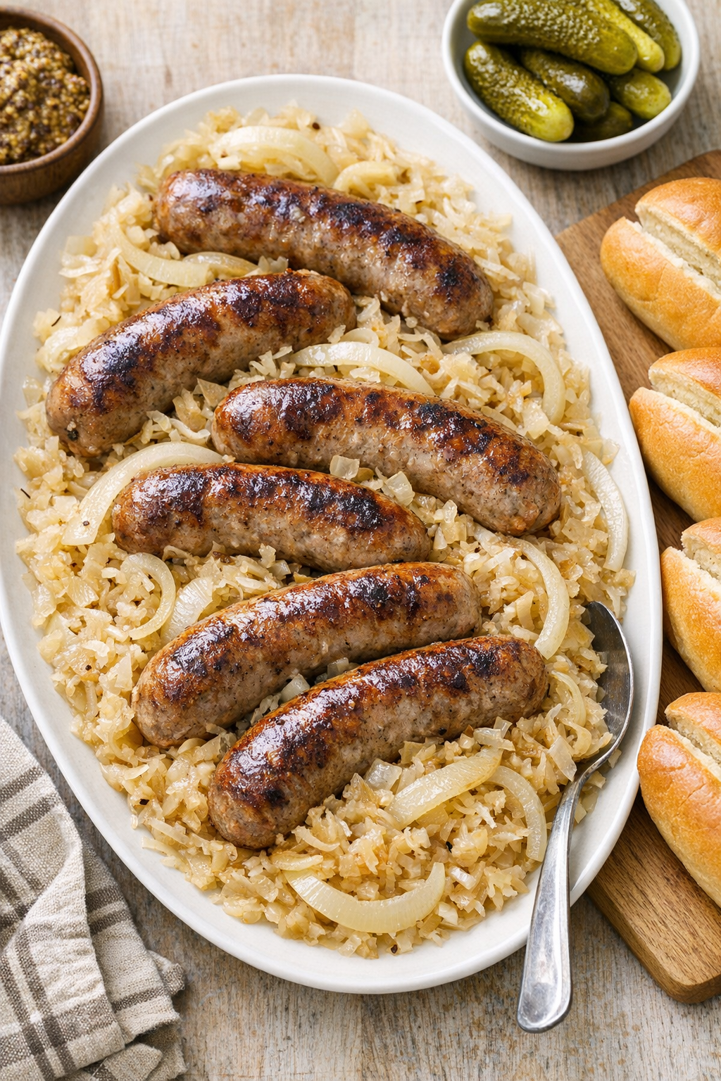 Finished slow cooker bratwurst with onions and sauerkraut