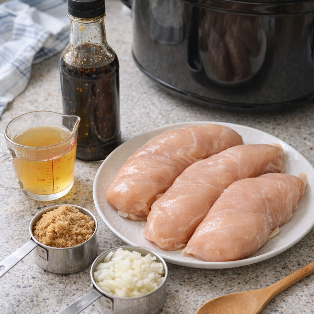 Slow cooker teriyaki chicken ingredients gathered on a kitchen counter