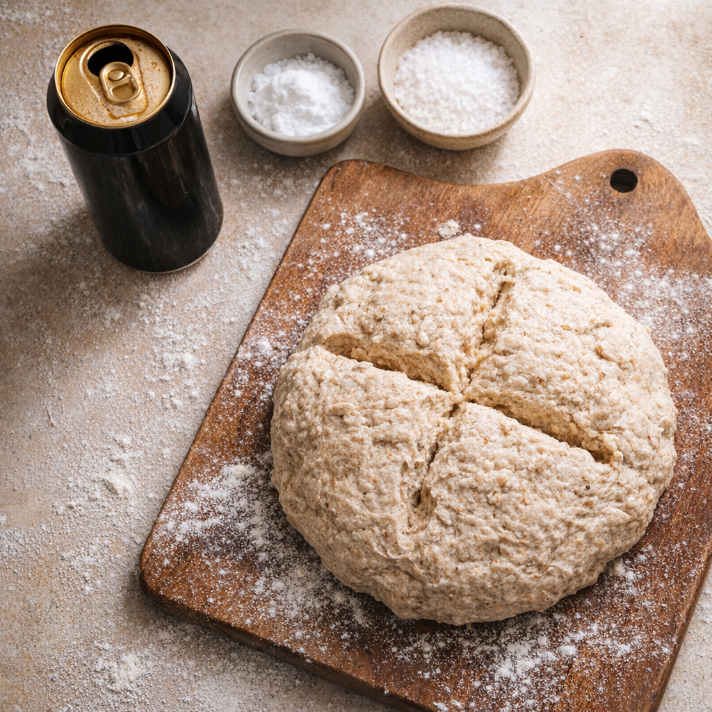 Can of stout beside rustic soda bread ingredients
