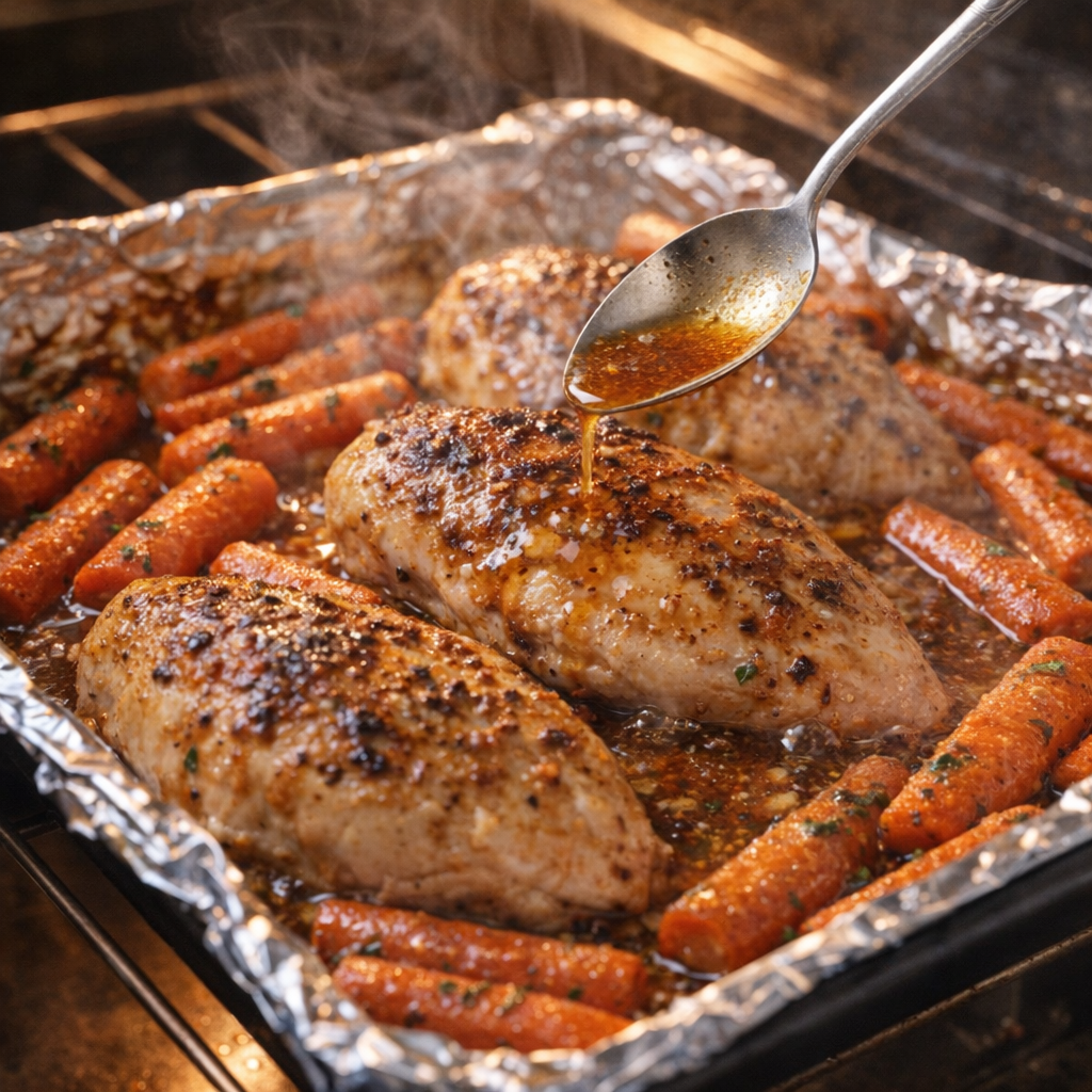 Chicken and carrots halfway baked with glossy pan drippings