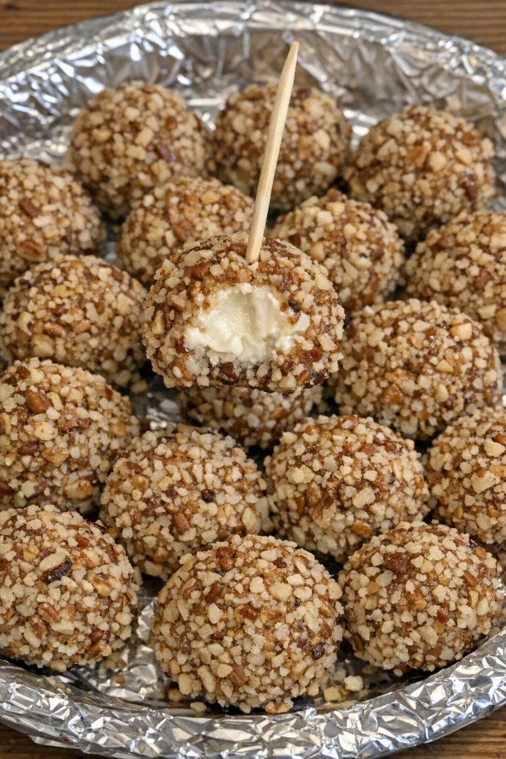 4-ingredient pecan wentworth balls on a foil-lined platter