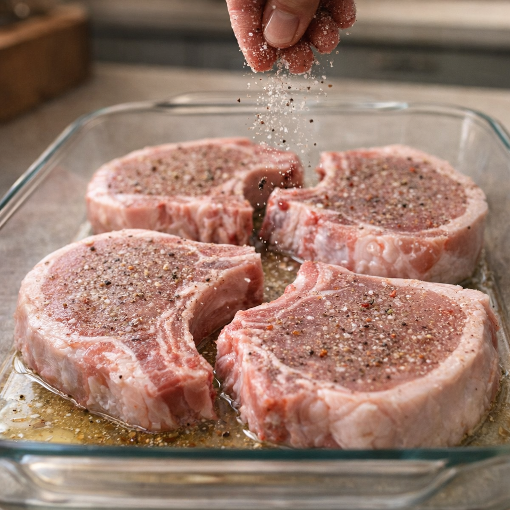 Pork chops being seasoned with salt and black pepper in baking dish