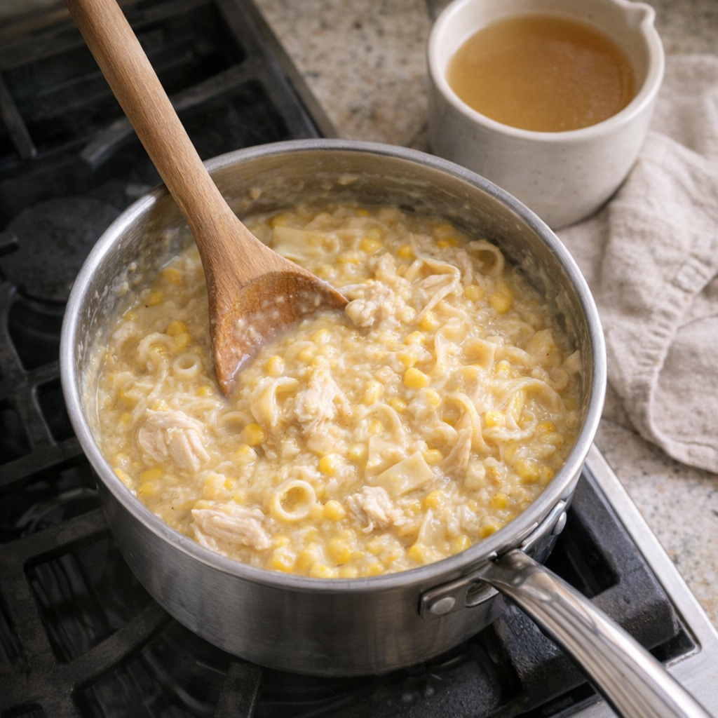 Leftover chicken corn noodle supper being reheated in a saucepan