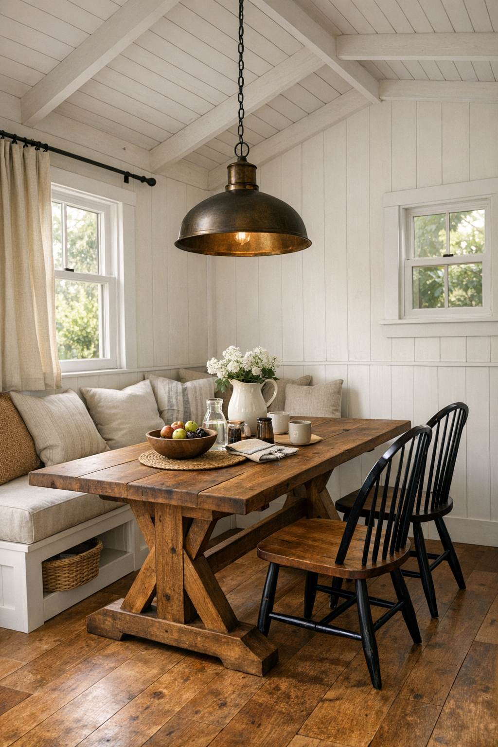 Small barn-inspired dining area with a trestle table and built-in bench