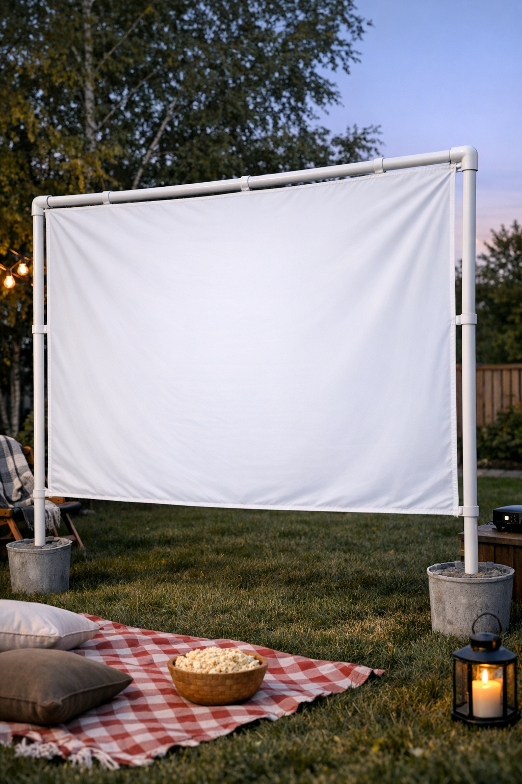 Finished outdoor movie screen with white fitted sheet on PVC frame and bucket bases