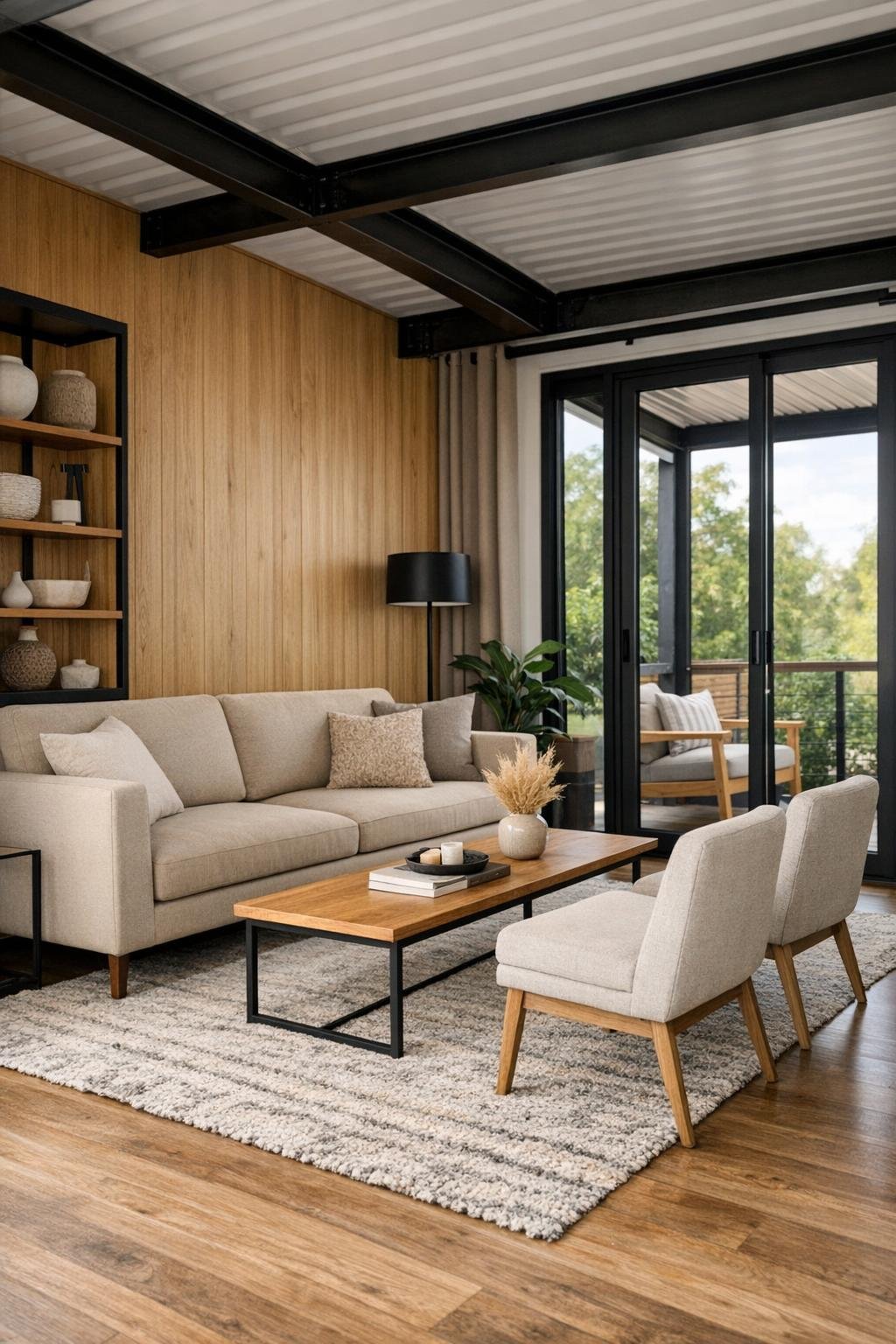 Warm modern living room inside a container home with large windows and wood finishes