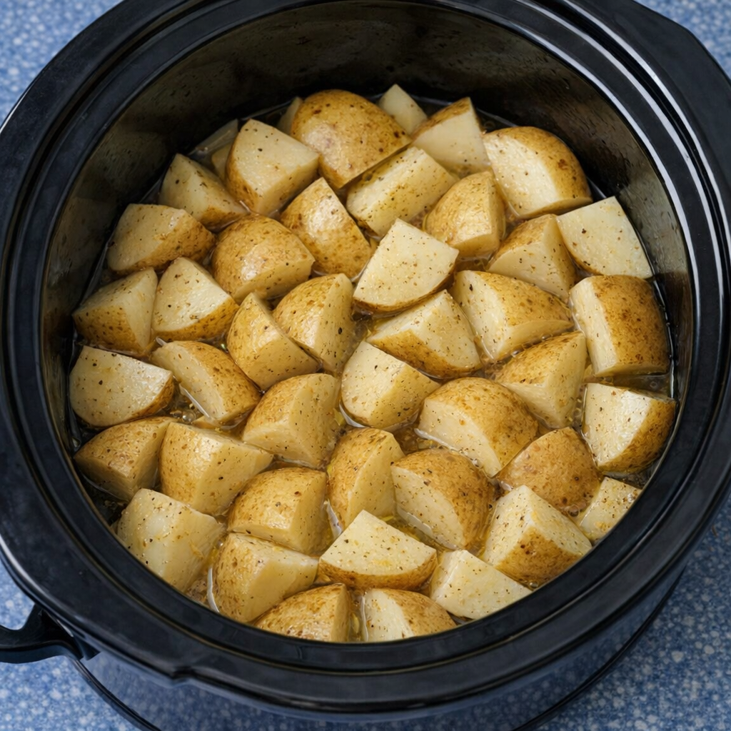 Quartered potatoes layered in a slow cooker