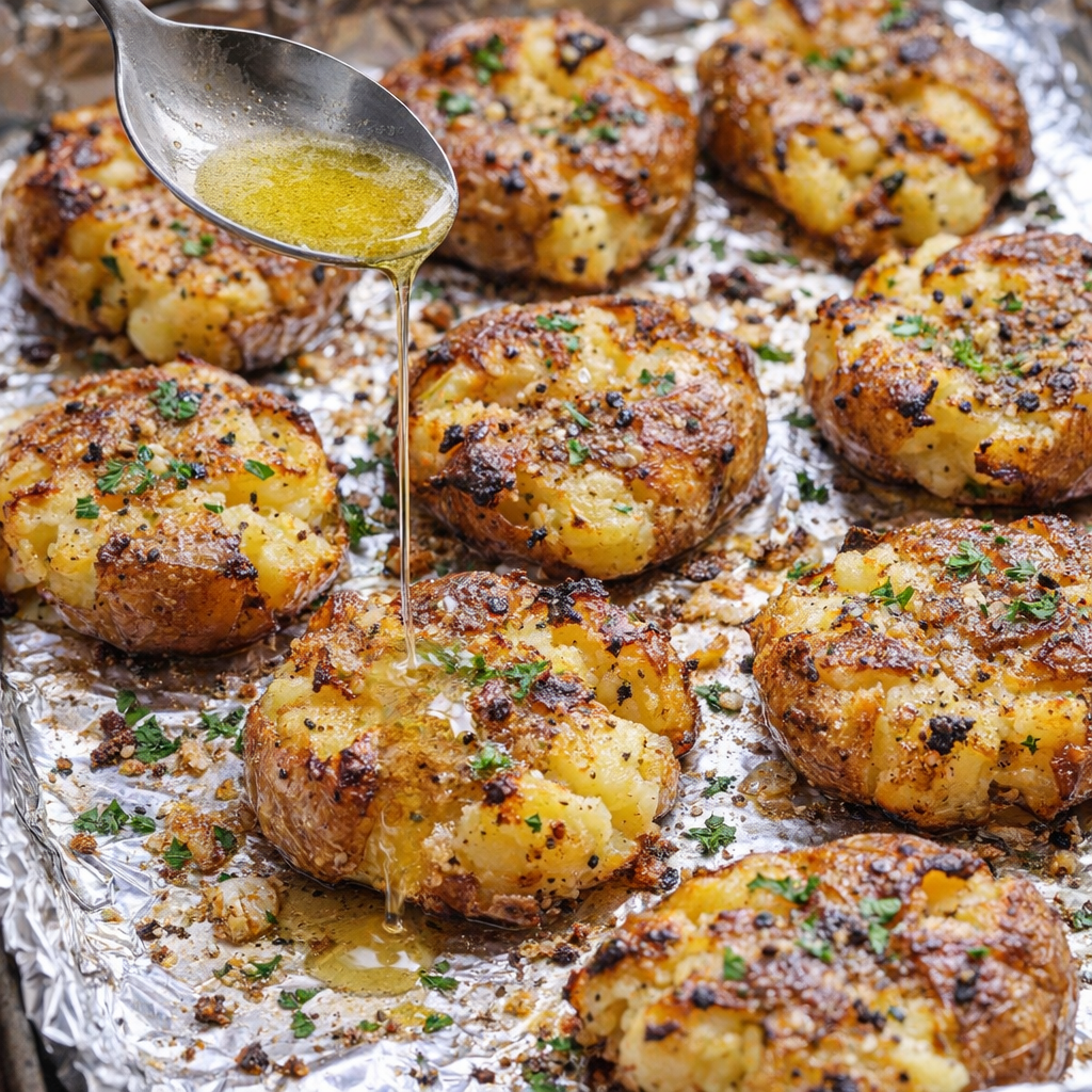 Smashed potatoes on a foil-lined baking sheet before baking