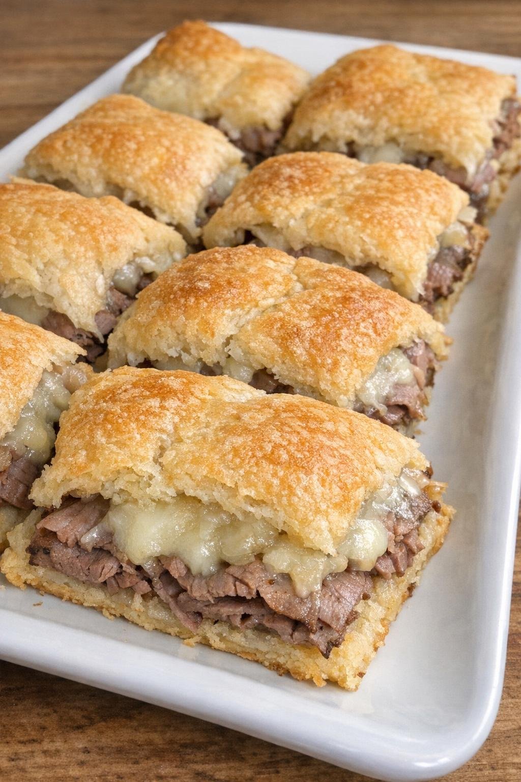 Golden flaky crescent squares with roast beef and gruyere on a white platter