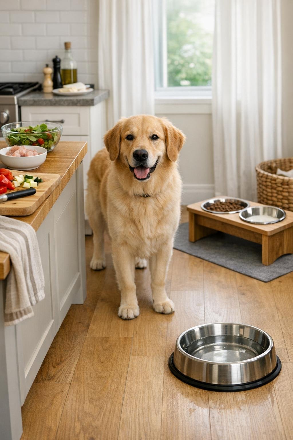 Dog near a feeding area watching kitchen prep