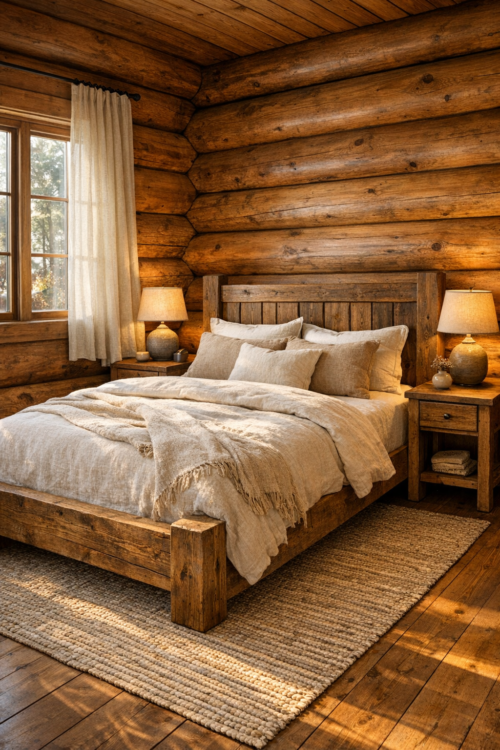 Serene log bedroom with handcrafted wood furniture and soft linen bedding
