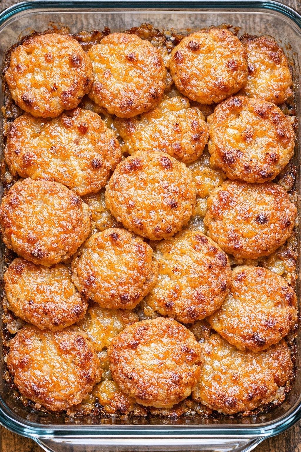 Southern 3-ingredient sharp cheddar pennies baked in a glass casserole dish