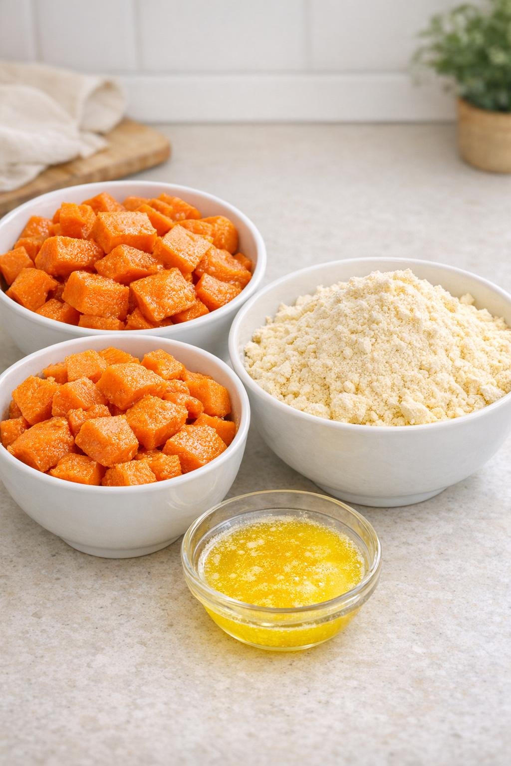 Zoete aardappelen, cakemix en gesmolten boter op een aanrecht.