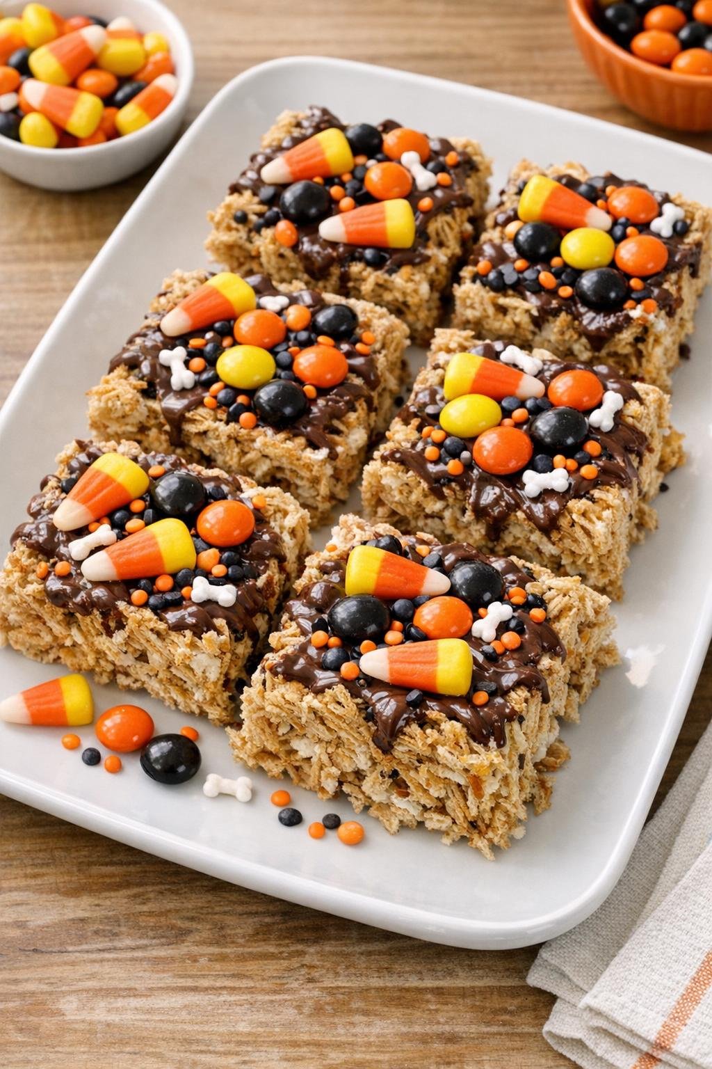 Finished Halloween shredded wheat dessert bars on a platter