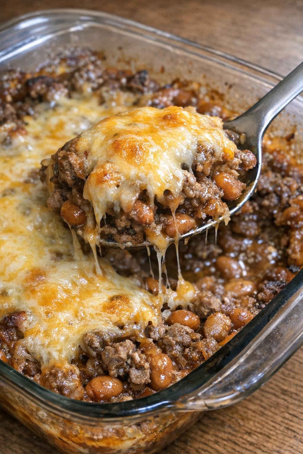 Savory beef bites baked with melted cheese in a glass dish