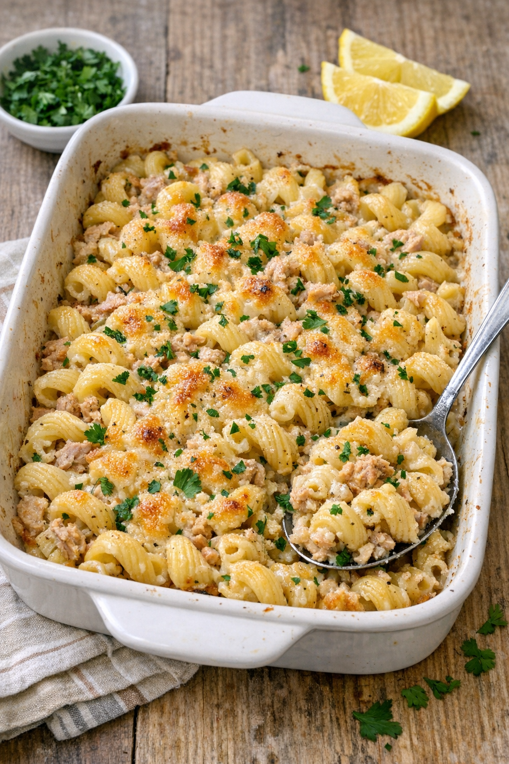 Finished lemon pepper tuna cavatappi pasta bake