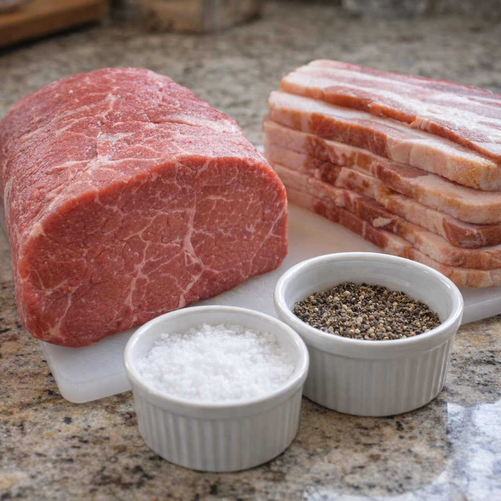 Ingredients for bacon-wrapped sirloin arranged on a kitchen counter