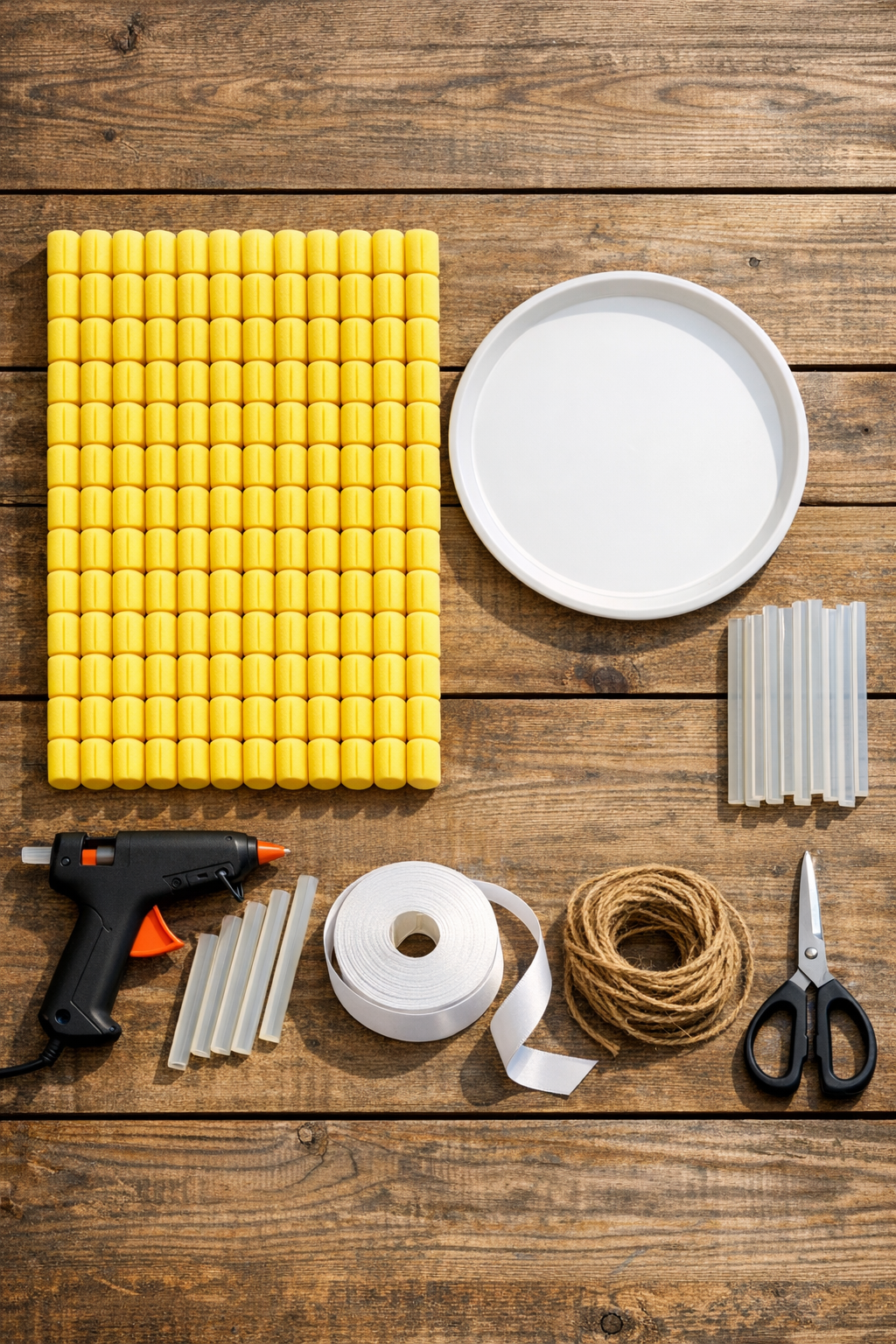 Materials for the lemon slice door hanger laid out on a table