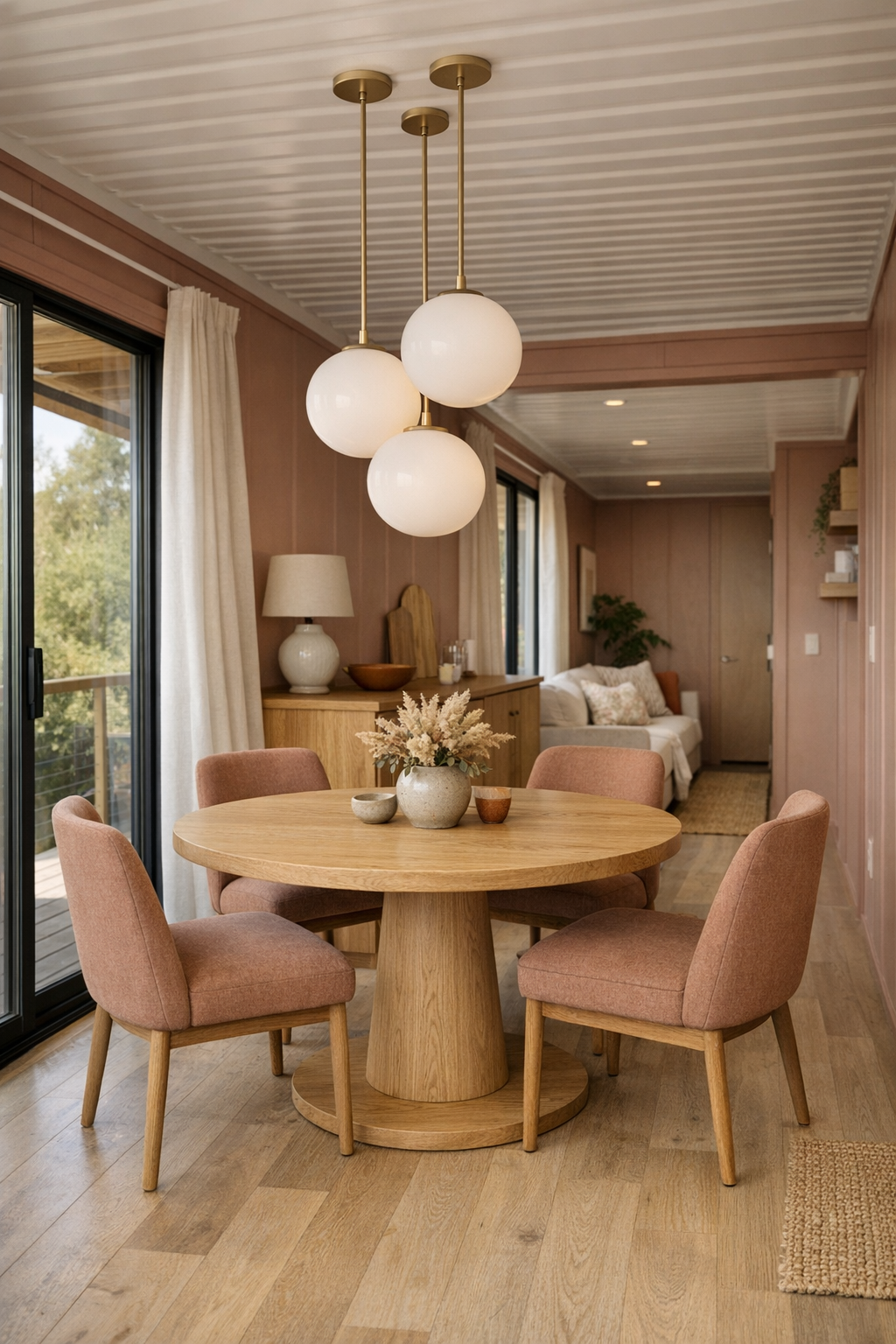 Light-filled dining area with a round oak pedestal table, clay upholstered chairs, and opal glass pendant lights