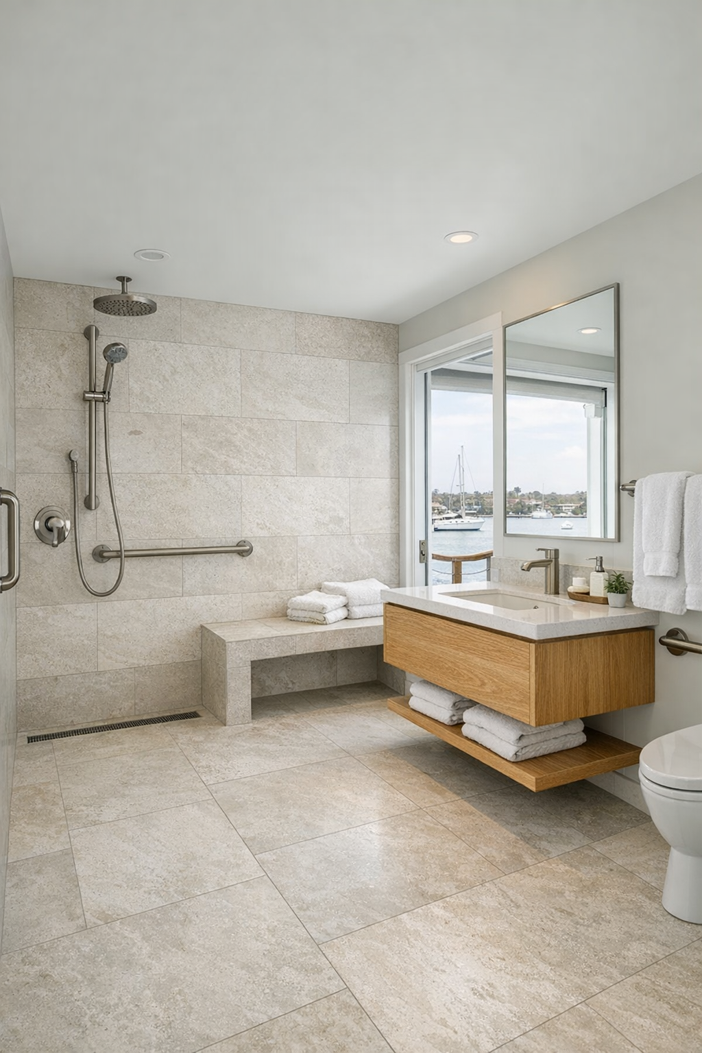 Light-filled accessible bathroom with a curbless shower and pale stone finishes