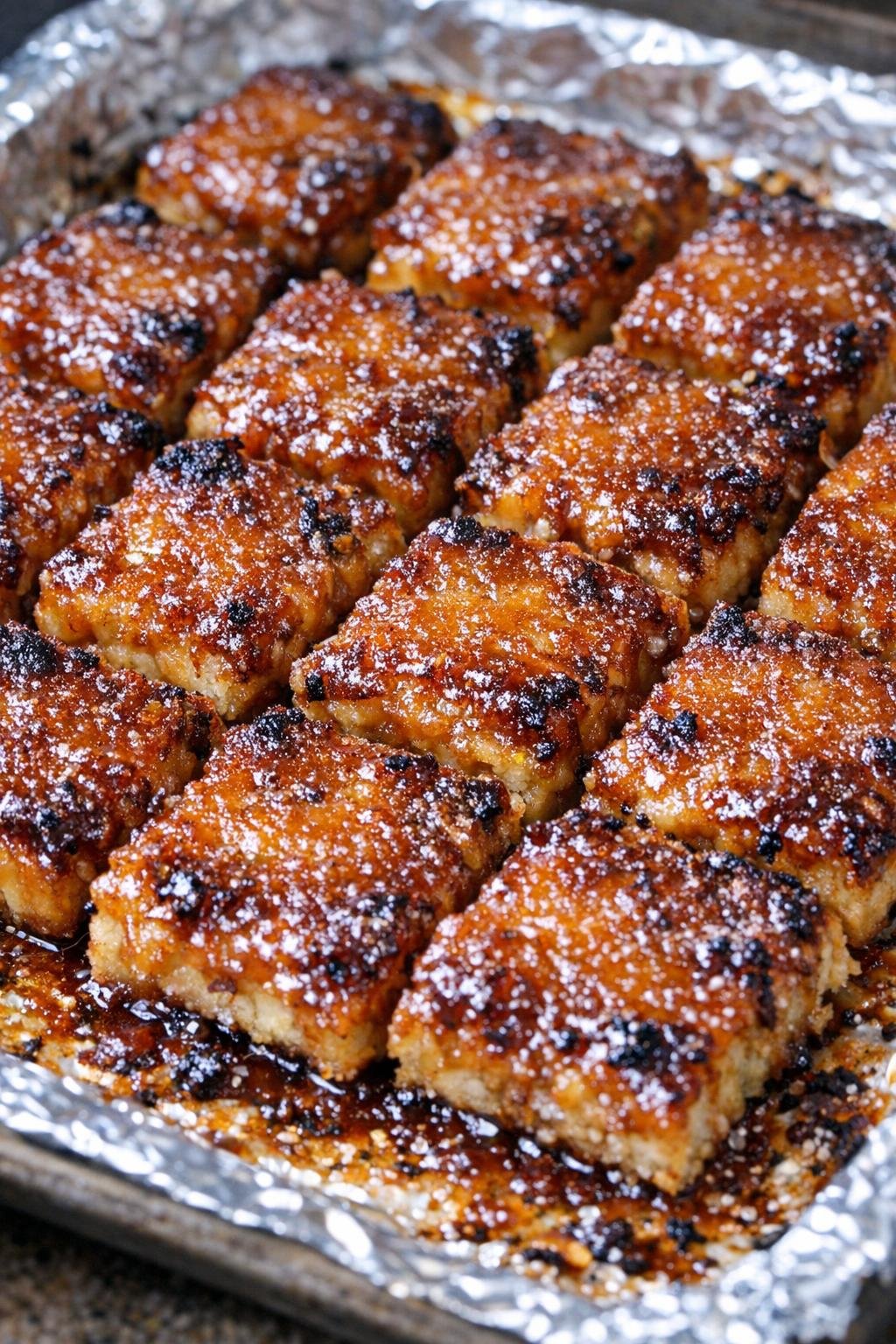 Southern 4-ingredient smoky barbecue squares on a foil-lined baking tray