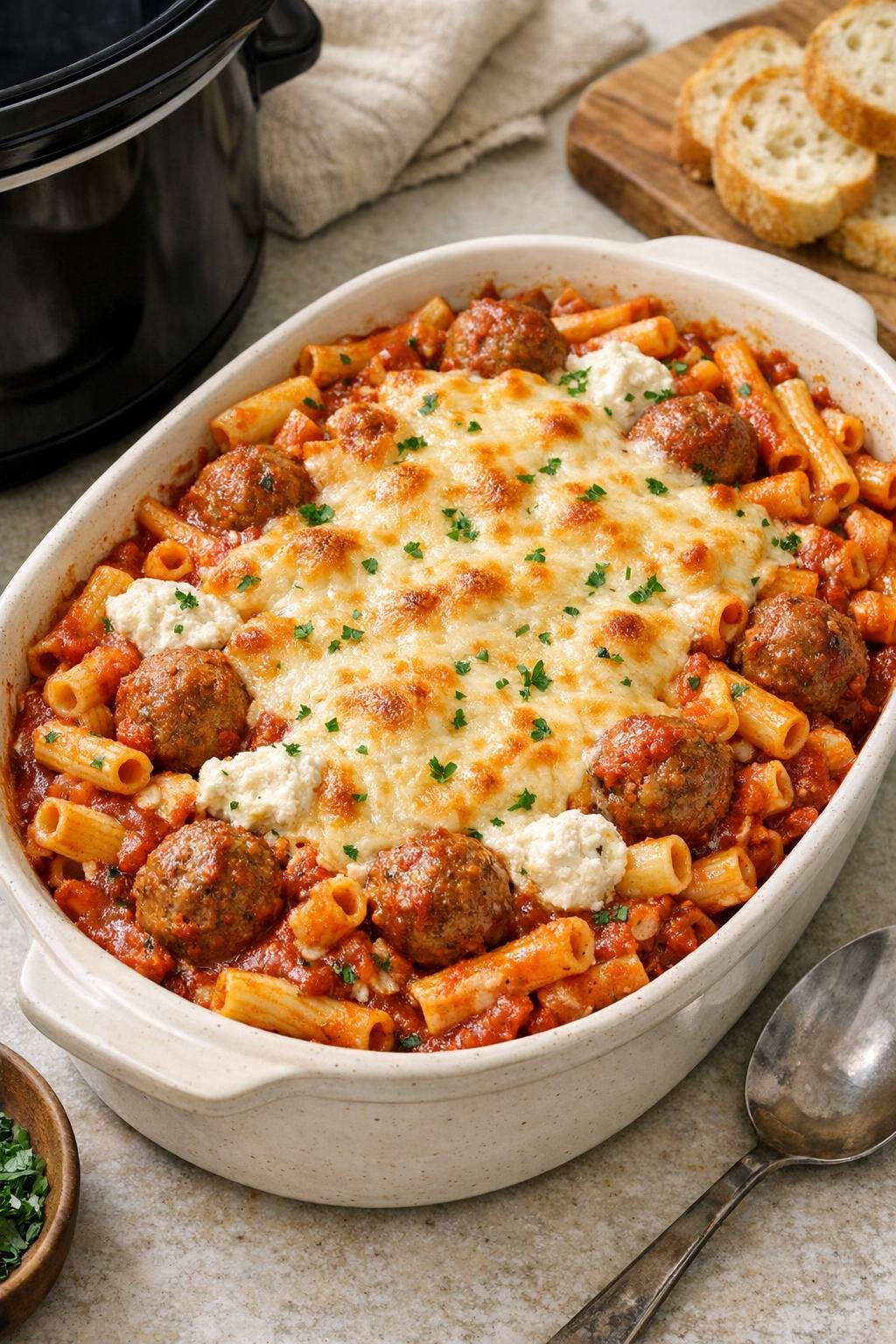 Finished baked ziti with meatballs in a serving dish