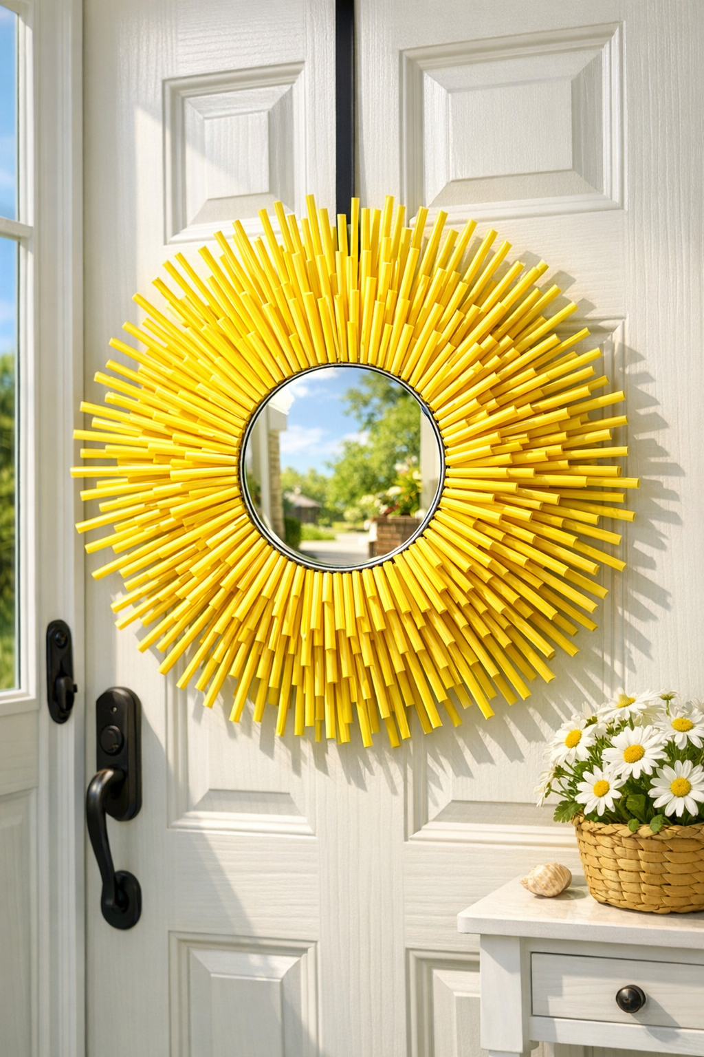 Finished giant yellow straw sunburst front door hanger with round mirror center