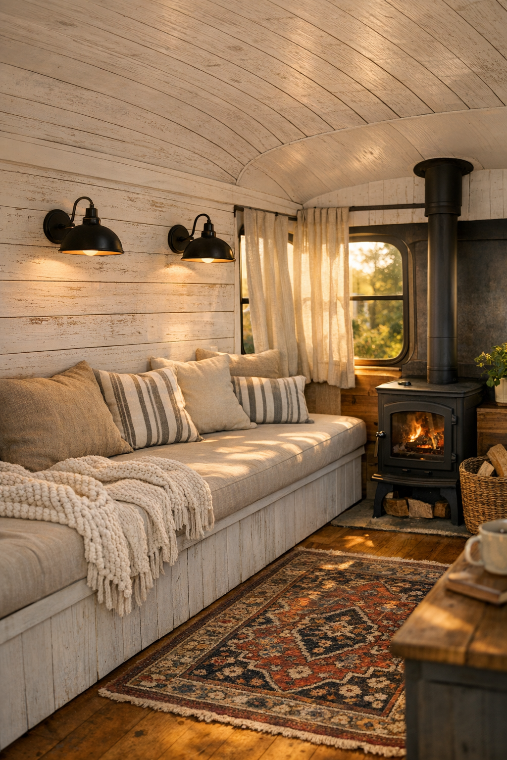 Rustic bus living room with built-in bench seating and wood finishes