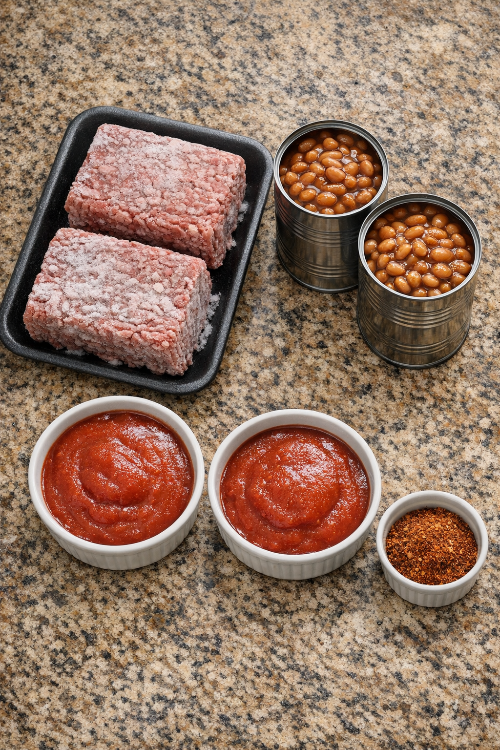 Main ingredients for poor man chili laid out on a countertop