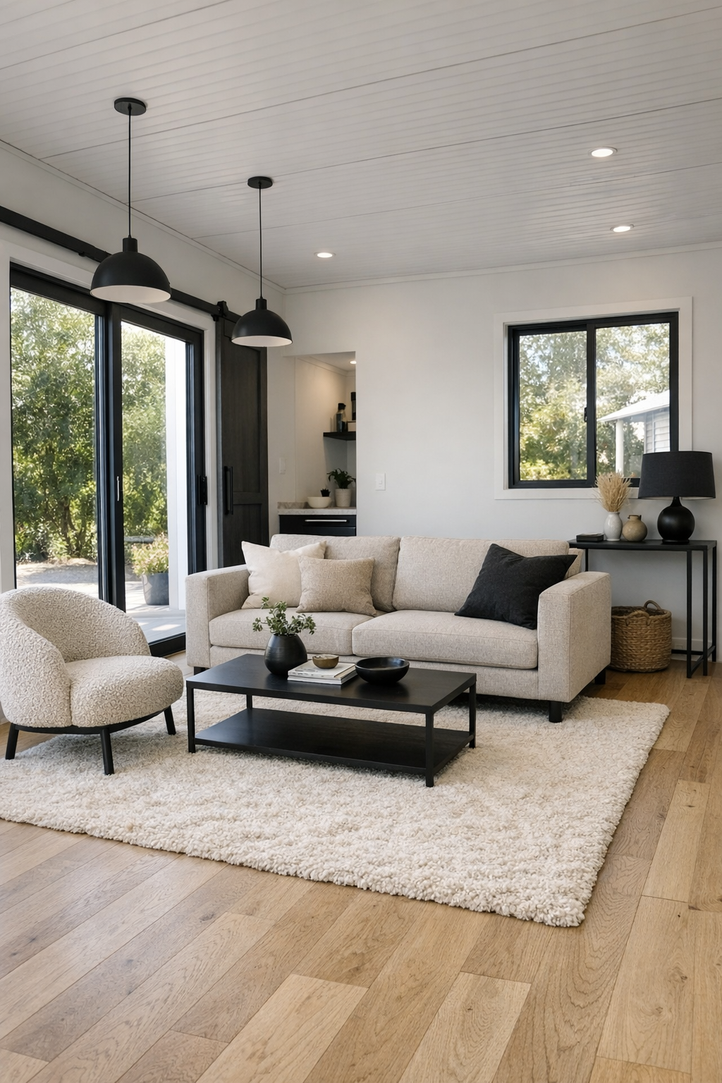 Bright accessible living room with pale oak floors and oatmeal sofa
