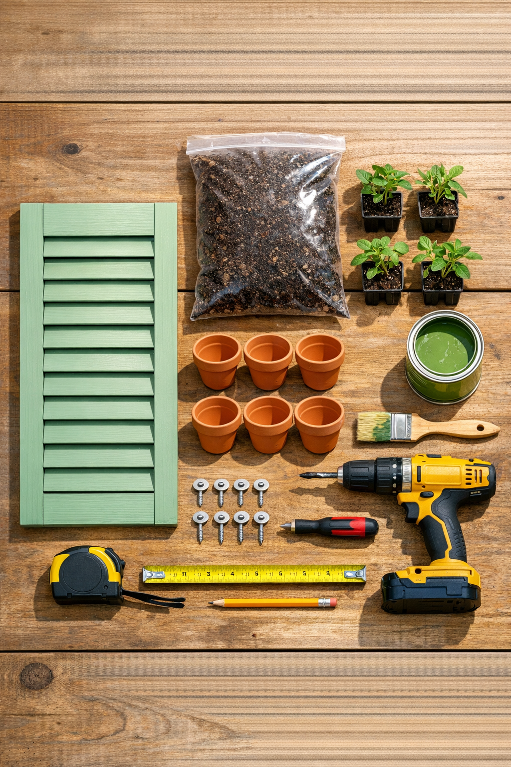 Painted shutter slats, miniature terracotta pots, screws, soil, and herb plants laid out for the project