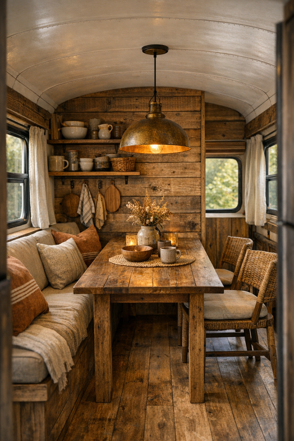 Cozy bus dining nook with a slim farmhouse table and benches