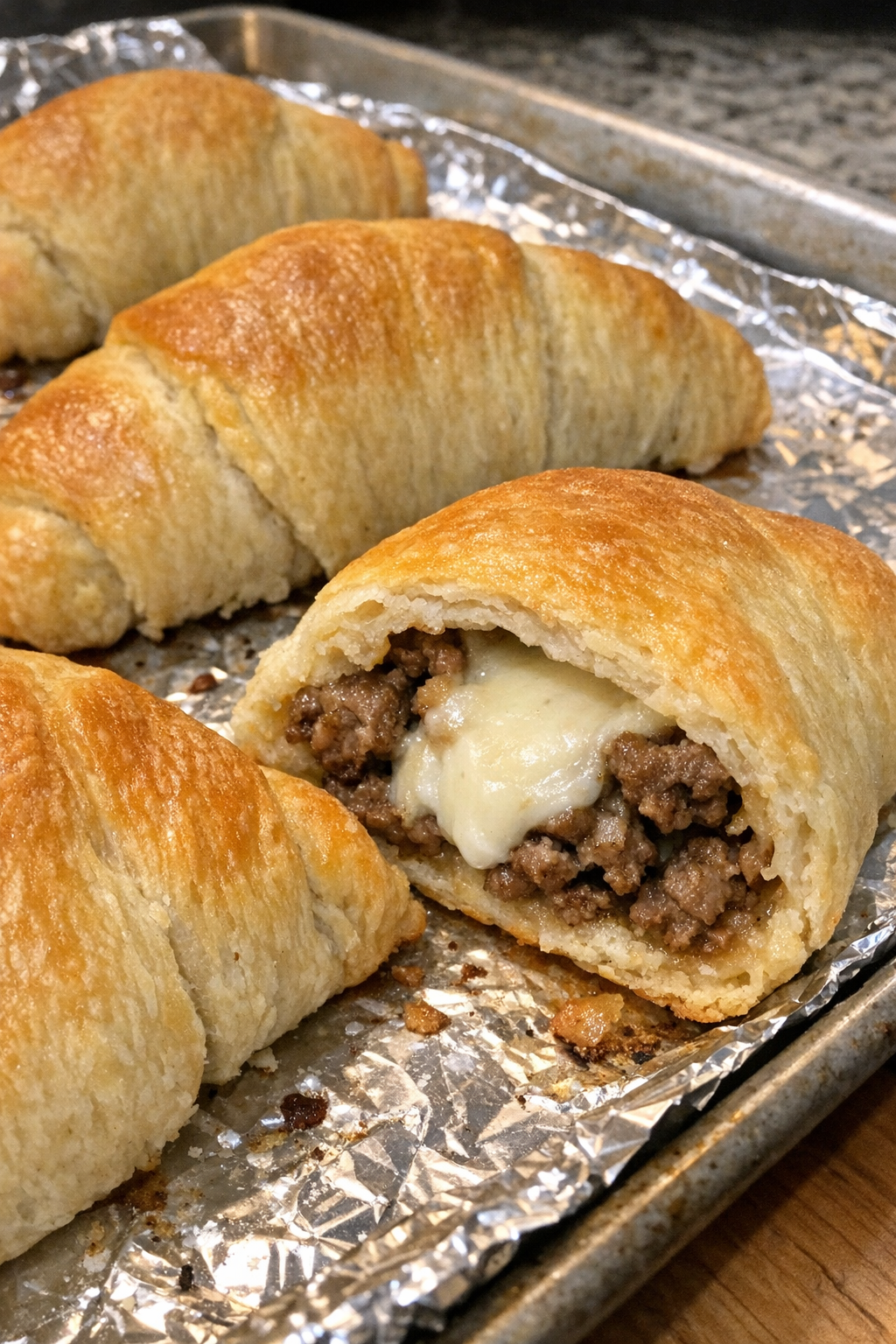 Oven baked beef crescent pockets on a foil-lined baking sheet