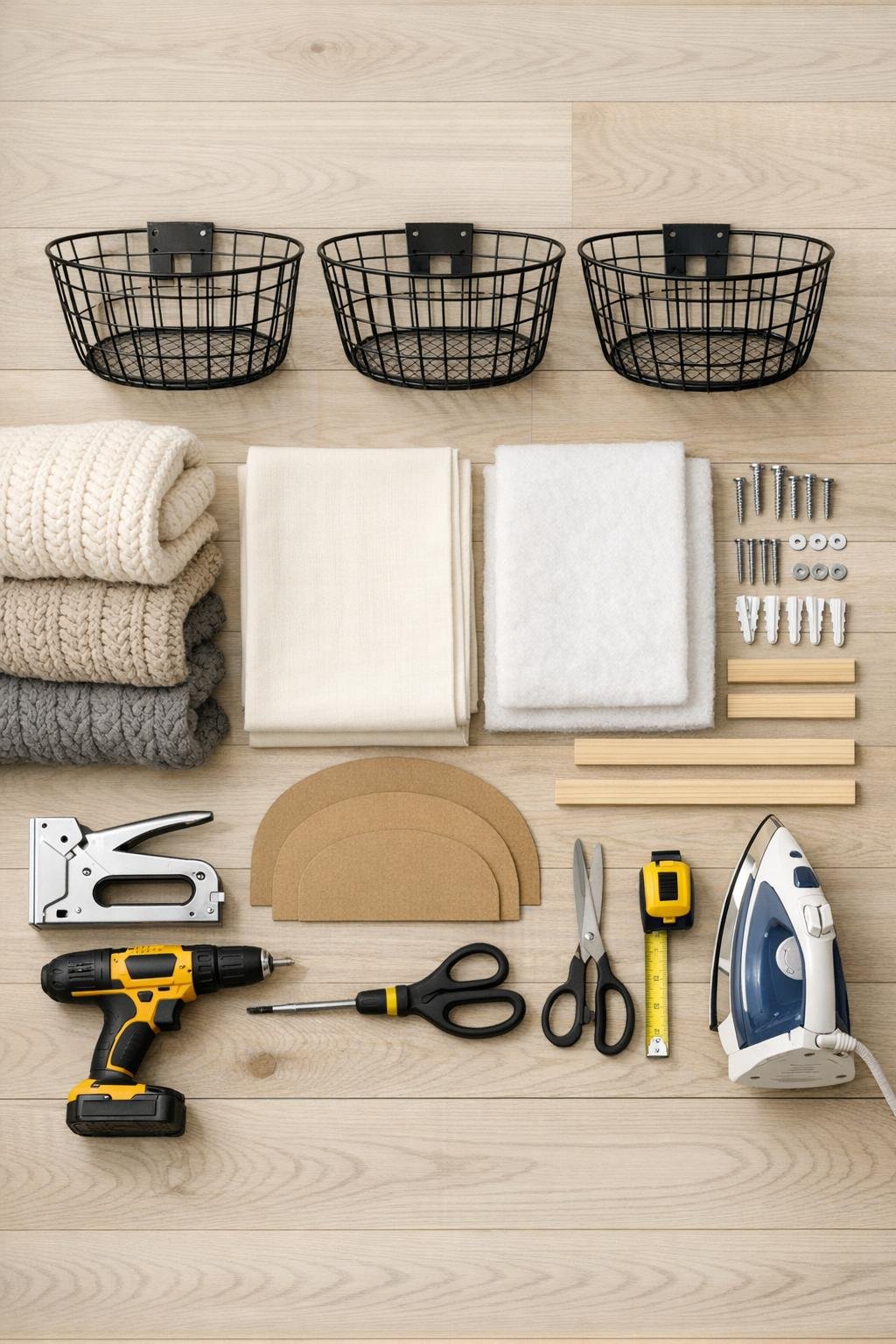 Wire bicycle baskets, fabric, mounting hardware, and tools laid out for the project