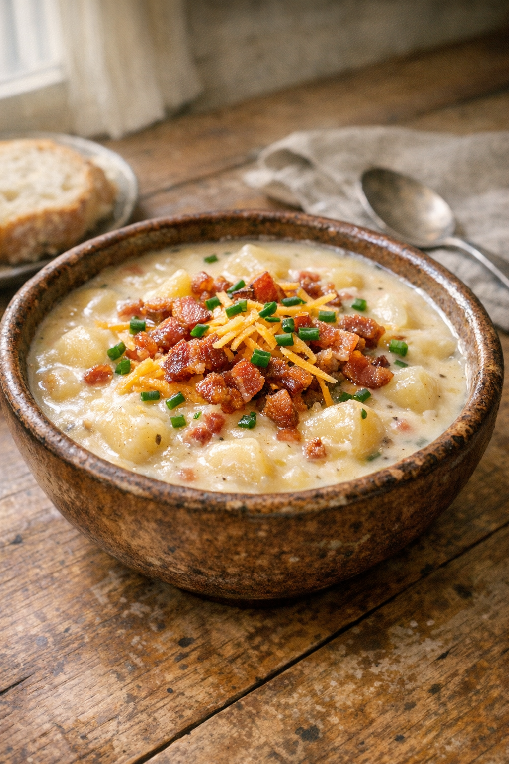 Finished loaded potato soup in a rustic bowl