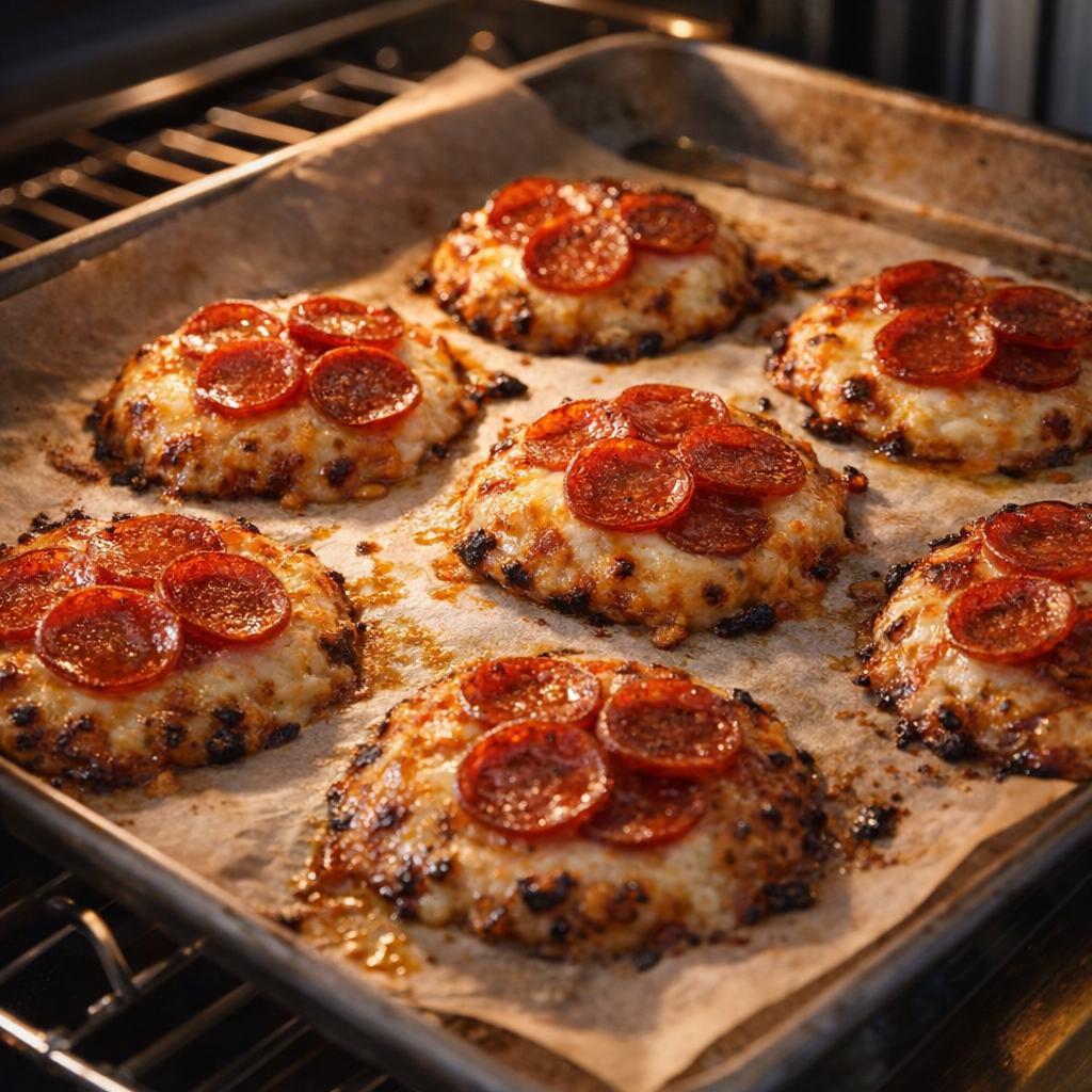 Pizza bites bubbling on the baking sheet in the oven