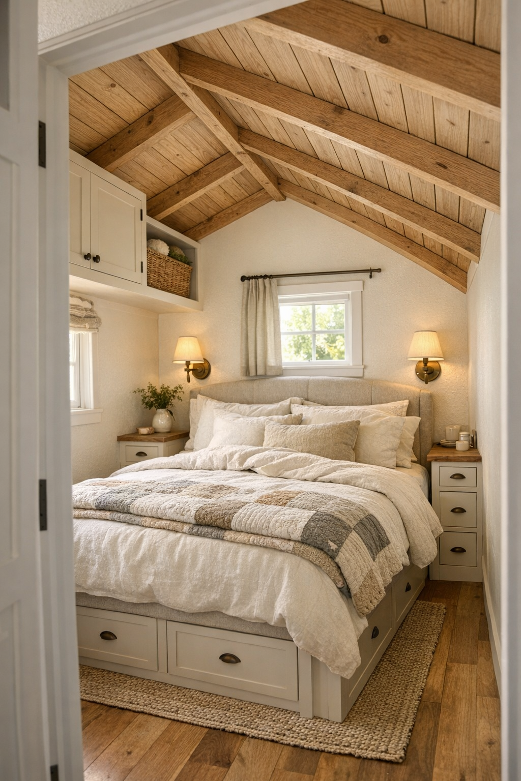 Serene tiny home bedroom with cream walls, sloped ceiling, linen bedding, and built-in storage