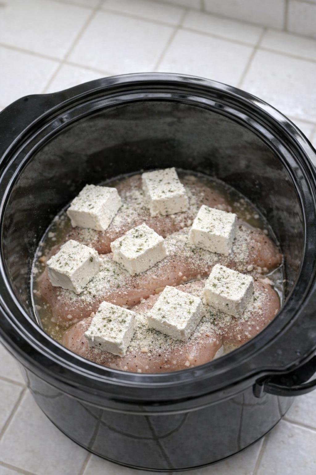 Slow cooker filled with chicken, cream cheese, and ranch ingredients before cooking