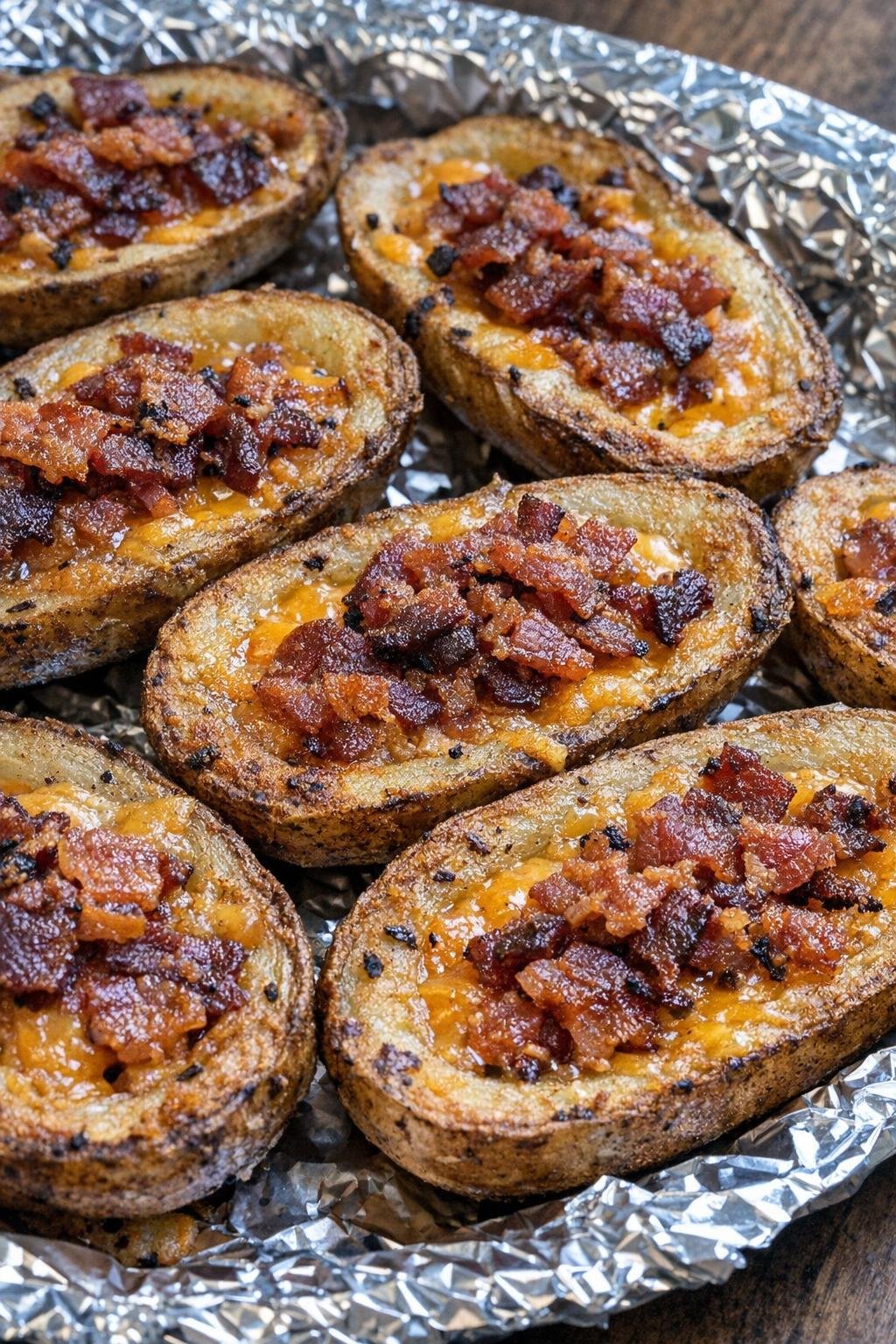 Loaded potato skins with melted cheddar and bacon