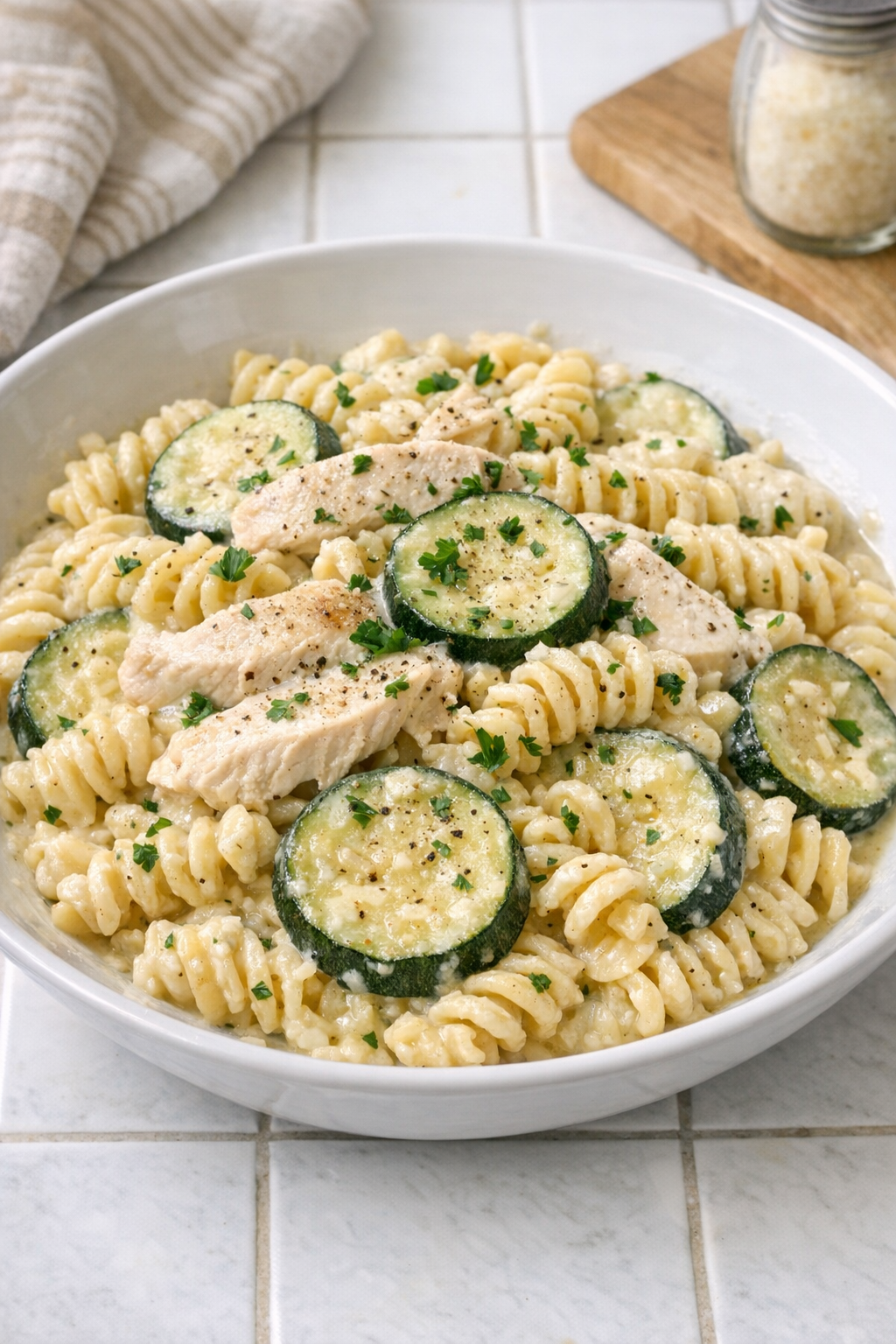Finished Amish zucchini chicken pasta plated in a bowl