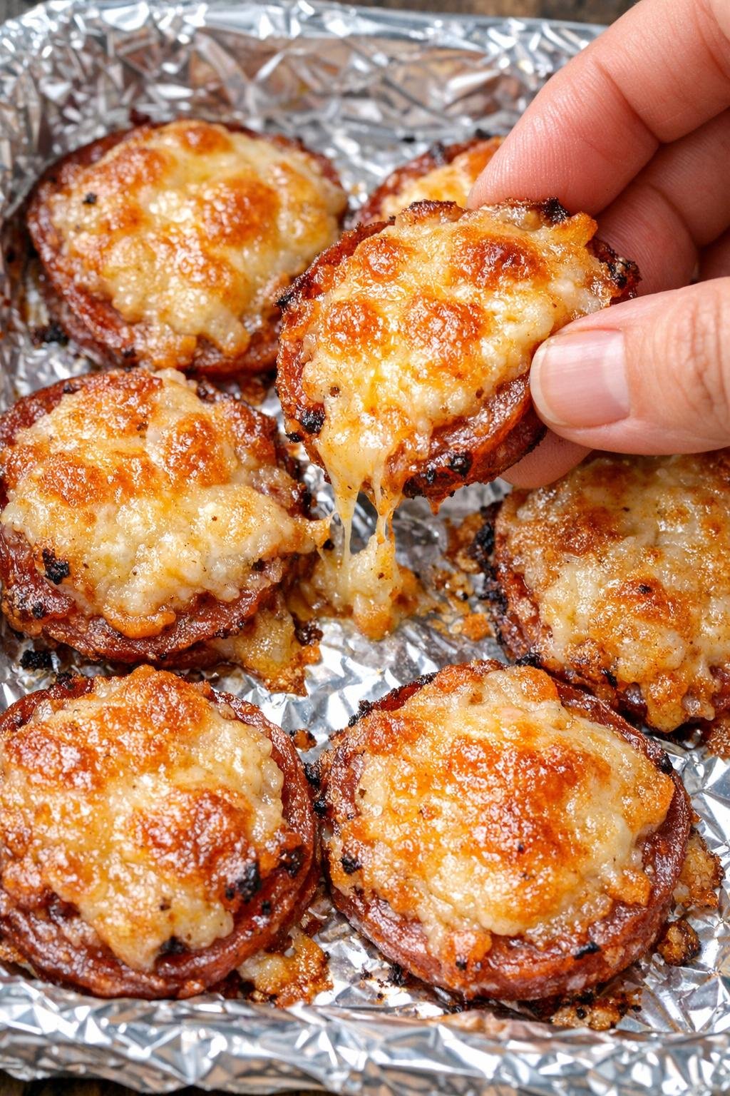 Low carb salami bradford bites on a foil tray