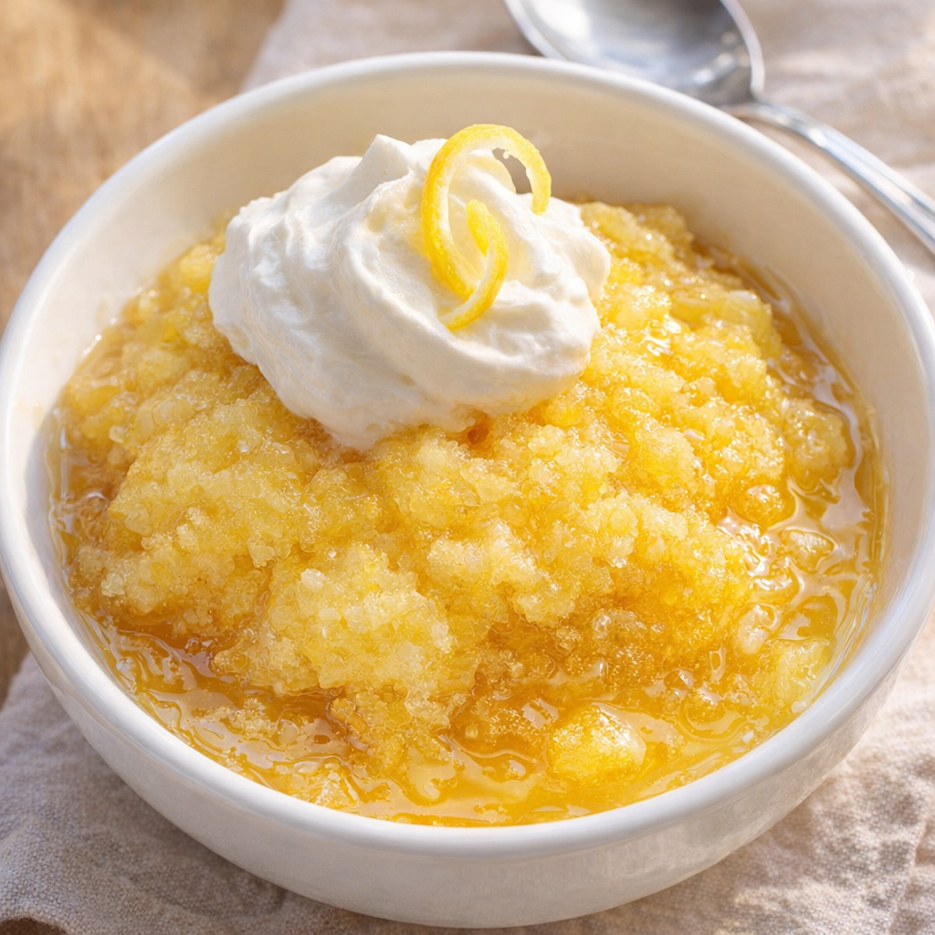 Warm limoncello spritz cake served in a small bowl