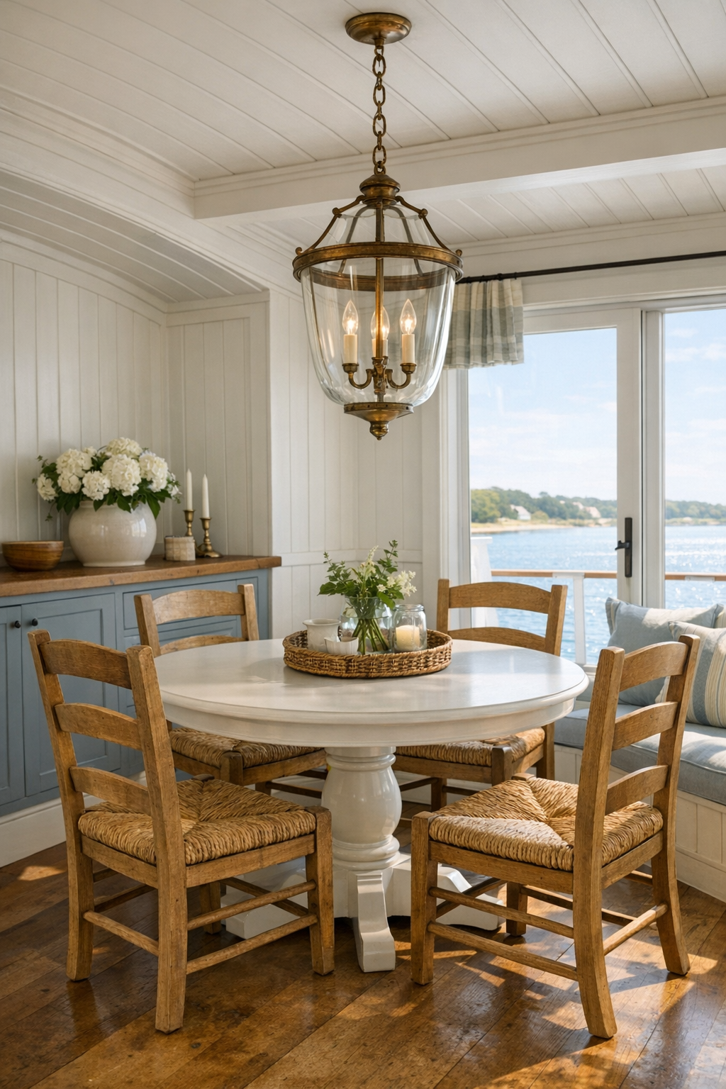 Coastal dining area with a round white pedestal table and woven chairs