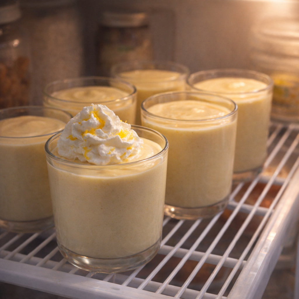 Finished lemon mousse cups chilling on a refrigerator shelf