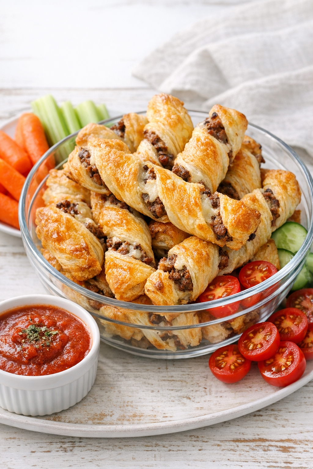 Finished beef puff pastry twists plated with dipping sauce